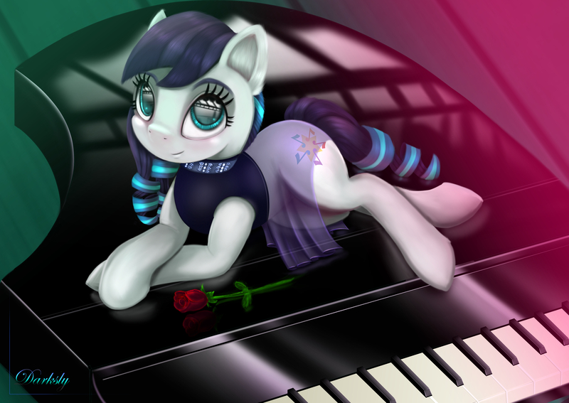 Size: 6000x4250 | Tagged: safe, artist:darksly, derpibooru import, coloratura, earth pony, pony, clothes, cute, dress, female, flower, looking at you, mare, musical instrument, piano, rara, rose, smiling, solo