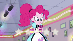 Size: 800x450 | Tagged: safe, derpibooru import, screencap, pinkie pie, equestria girls, equestria girls series, five stars, spoiler:eqg series (season 2), >:d, animated, female, happiness, happy, mobile phone, open mouth, phone, photo, ponytail, server pinkie pie, smiling, solo, sweet snacks cafe, triumph, victory, waitress