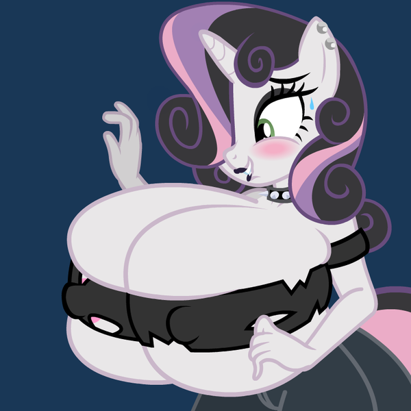 Size: 800x800 | Tagged: questionable, artist:flash equestria photography, derpibooru import, sweetie belle, anthro, unicorn, areola, bedroom eyes, big breasts, bimbo, black lipstick, breasts, busty sweetie belle, choker, cleavage, clothes, ear piercing, erect nipples, eyeshadow, female, goth, grin, huge breasts, hyper, hyper breasts, imminent wardrobe malfunction, implied breast expansion, impossibly large breasts, lipstick, looking at you, makeup, nervous, nervous grin, nipple outline, older, piercing, ripping clothes, smiling, solo, solo female, spiked choker, sweat, sweatdrop, tight clothing, top