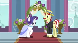 Size: 1920x1079 | Tagged: safe, artist:swiftgaiathebrony, derpibooru import, flam, flim, rarity, pony, unicorn, base used, clothes, crack shipping, dress, facial hair, female, flim flam brothers, gown, hat, male, mare, marriage, moustache, rariflam, shipping, stallion, straight, suit, tuxedo, wedding, wedding dress