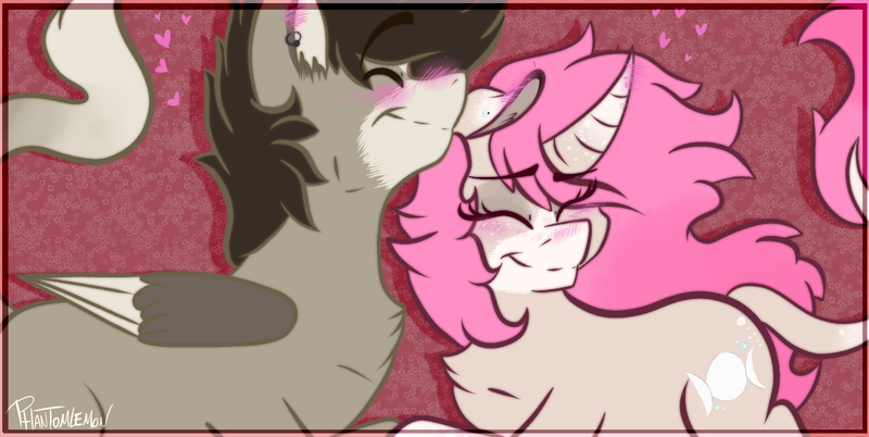 Size: 1890x950 | Tagged: safe, artist:phantomlemon, derpibooru import, oc, oc:tarot, oc:xor, unofficial characters only, classical unicorn, pony, sphinx, unicorn, blushing, cloven hooves, couple, cuddling, cute, ear piercing, eyes closed, female, floppy ears, fluffy, happy, interspecies, leonine tail, love, male, mare, oc x oc, piercing, romantic, shipping, simple background, smiling, snuggling, sphinx oc, straight, taror, unshorn fetlocks, wings