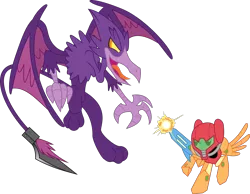 Size: 1500x1161 | Tagged: safe, artist:dalekolt, derpibooru import, ponified, dragon, gryphon, pegasus, pony, crossover, griffonized, metroid, ridley, samus aran, species swap, super smash bros.