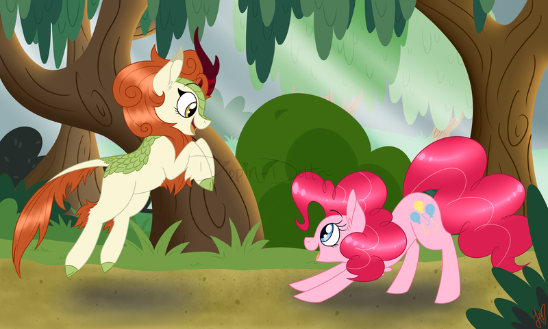 Size: 1280x769 | Tagged: safe, artist:dippin-dott, artist:dippindott, derpibooru import, autumn blaze, pinkie pie, earth pony, kirin, pony, sounds of silence, awwtumn blaze, cute, diapinkes, duo, ear fluff, female, happy, jumping, looking at each other, mare, smiling, this will end in fun, tree, watermark