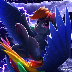 Size: 4000x4000 | Tagged: safe, artist:cherry pop, derpibooru import, rainbow dash, pegasus, pony, 3d, absurd resolution, blender, blender cycles, cloud, female, flying, lightning, looking at you, mare, procreate app, rain, solo, storm, subsurface scattering