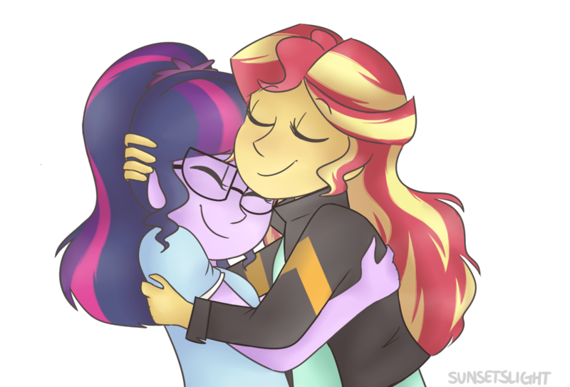 Size: 1280x869 | Tagged: safe, artist:sunsetslight, derpibooru import, sci-twi, sunset shimmer, twilight sparkle, equestria girls, cute, female, hug, lesbian, scitwishimmer, shimmerbetes, shipping, simple background, sunsetsparkle, twiabetes, white background