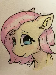 Size: 1920x2560 | Tagged: safe, artist:lightisanasshole, derpibooru import, fluttershy, pony, adorkable, blushing, bust, cute, dork, female, mare, painting, portrait, short hair, short mane, shyabetes, smiling, solo, three quarter view, traditional art, watercolor painting