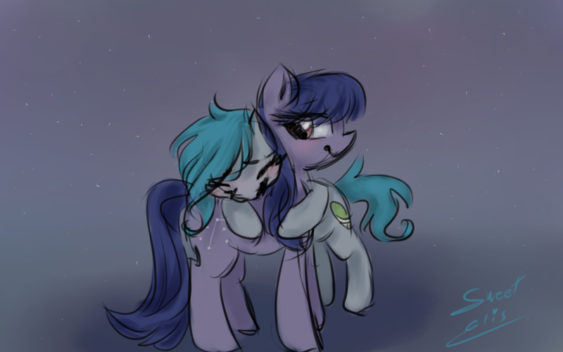 Size: 1280x800 | Tagged: safe, artist:elisdoominika, derpibooru import, oc, oc:cosmia nebula, oc:sweet elis, pony, blushing, elisia, hug