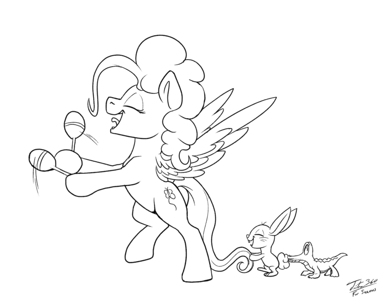 Size: 1500x1149 | Tagged: safe, artist:tsitra360, derpibooru import, angel bunny, fluttershy, gummy, pinkie pie, alligator, pegasus, pony, rabbit, animal, conga, conga line, fusion, lineart, mashup, monochrome