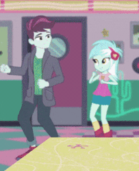 Size: 269x331 | Tagged: safe, derpibooru import, screencap, lyra heartstrings, pinkie pie, track starr, equestria girls, equestria girls series, five stars, spoiler:eqg series (season 2), animated, background human, clothes, dancing, female, gif, humans standing next to each other, male, pants, sweet snacks cafe