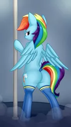 Size: 2160x3840 | Tagged: suggestive, alternate version, artist:andelai, derpibooru import, rainbow dash, pegasus, pony, semi-anthro, butt, cutie mark, female, lidded eyes, looking at you, looking back, looking back at you, mare, plot, rainbutt dash, sexy, solo, stripper pole, stupid sexy rainbow dash, tail wrap