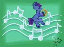 Size: 1024x745 | Tagged: safe, artist:pickfairy, derpibooru import, oc, oc:comet, crystal pony, deer, deer pony, hybrid, original species, pony, cloven hooves, lyre, male, music notes, musical instrument, solo, stallion