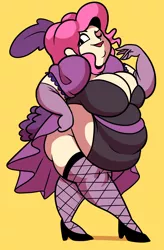 Size: 1944x2966 | Tagged: artist:superspoe, bbw, belly, big belly, big breasts, breasts, busty pinkie pie, clothes, corset, derpibooru import, dress, fat, fishnets, high heels, human, humanized, makeup, obese, over a barrel, piggy pie, pinkie pie, pudgy pie, saloon dress, saloon pinkie, shoes, showgirl, source needed, ssbbw, suggestive, useless source url