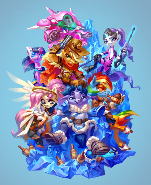 Size: 1680x2067 | Tagged: safe, artist:holivi, derpibooru import, applejack, fluttershy, pinkie pie, rainbow dash, rarity, twilight sparkle, oc, oc:bender watt, earth pony, pegasus, pony, unicorn, alcohol, beer, cowboy hat, crossover, d.va, female, gun, handgun, hat, hoof hold, jesse mccree, male, mane six, mccreejack, mei, mercyshy, overwatch, p.nkie, rainbow tracer, rarimaker, revolver, symmetra, symmetwi, tracer, voice actor joke, weapon, widowmaker