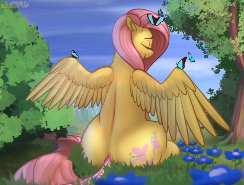 Size: 1600x1216 | Tagged: safe, artist:mercurial64, derpibooru import, fluttershy, butterfly, pegasus, pony, both cutie marks, bush, butt, cute, eyes closed, female, flower, flutterbutt, grass, mare, plot, shyabetes, sitting, smiling, solo, spread wings, tree, wings