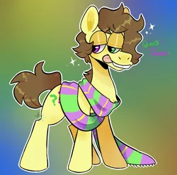 Size: 1035x1024 | Tagged: safe, artist:incubugs, derpibooru import, oc, oc:ducky, unofficial characters only, earth pony, pony, clothes, colored background, heterochromia, male, scarf, solo, tooth gap