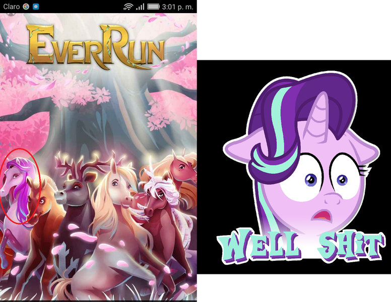 Size: 1430x1106 | Tagged: safe, derpibooru import, starlight glimmer, horse, pony, advertisement, everrun, vulgar, well shit