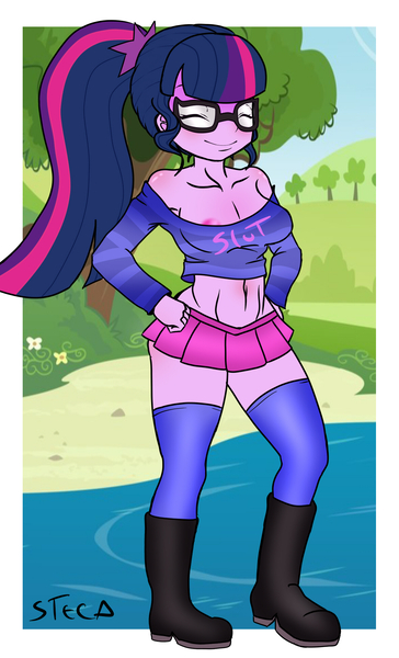 Size: 1179x1944 | Tagged: questionable, artist:steca, derpibooru import, sci-twi, twilight sparkle, equestria girls, areola, areola slip, bare shoulders, belly button, boots, breasts, busty sci-twi, busty twilight sparkle, cleavage, clothes, eyes closed, female, glasses, midriff, miniskirt, nipples, nudity, partial nudity, pleated skirt, ponytail, sci-twi is a turboslut, shoes, skirt, slut, slut shirt, socks, solo, solo female, thigh highs, wardrobe malfunction