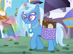 Size: 1436x1056 | Tagged: safe, artist:razorbladetheunicron, derpibooru import, trixie, pony, unicorn, lateverse, alternate hairstyle, alternate universe, aura, bag, base used, book, canterlot, female, gem, glasses, jewelry, levitation, magic, mare, necklace, rainbow, rainbow magic aura, saddle bag, solo, studying, telekinesis