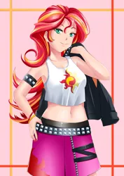 Size: 1681x2378 | Tagged: safe, artist:meielf, derpibooru import, sunset shimmer, human, equestria girls, beautiful, belly button, clothes, cute, female, jacket, leather jacket, looking at you, midriff, miniskirt, pixiv, shimmerbetes, skirt, solo