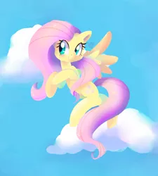 Size: 1800x2001 | Tagged: safe, artist:talimingi, derpibooru import, fluttershy, pegasus, pony, cloud, cute, female, flying, head turn, looking away, looking sideways, mare, shyabetes, sky, smiling, solo, spread wings, wings