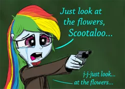 Size: 1628x1150 | Tagged: semi-grimdark, alternate version, artist:chopsticks, derpibooru import, rainbow dash, human, equestria girls, clothes, colt detective special, crying, dialogue, duo, female, gun, handgun, implied scootaloo, look at the flowers, mercy kill, of mice and men, offscreen character, revolver, sad, scene interpretation, sketch, teary eyes, text, the walking dead, this will end in death, three quarter view, tv reference, weapon