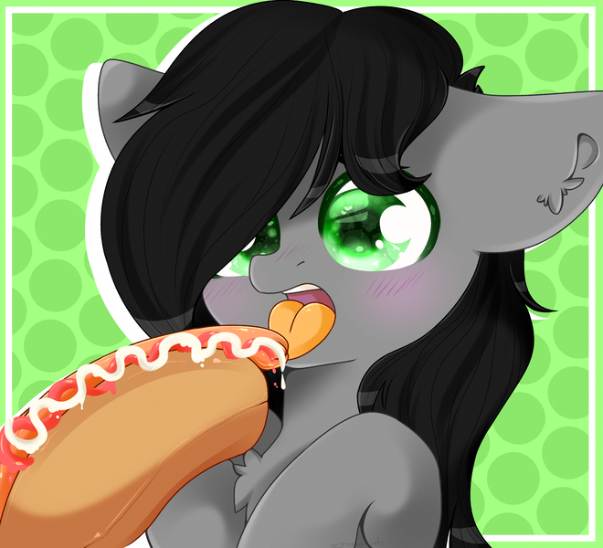 Size: 2200x2000 | Tagged: suggestive, artist:etoz, derpibooru import, oc, oc:vyden, unofficial characters only, blushing, commission, food, hot dog, long hair, male, meat, open mouth, sausage, stallion, tongue out, ych result