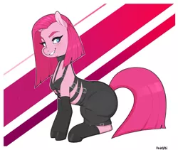 Size: 1421x1200 | Tagged: suggestive, artist:antelon, derpibooru import, pinkie pie, earth pony, pony, abstract background, bdsm, buckle, clothes, dominatrix, female, goth, kinkamena, looking at you, pinkamena diane pie, signature, smiling, socks, solo