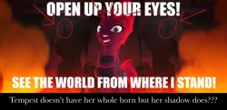 Size: 1949x954 | Tagged: safe, derpibooru import, edit, edited screencap, screencap, tempest shadow, pony, my little pony: the movie, arrows, circles, error, fire, open up your eyes, shadow, sin, slowpoke, solo