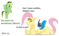 Size: 1280x781 | Tagged: safe, artist:didgereethebrony, derpibooru import, discord, oc, oc:didgeree, pony, awkward, clothes, costume, dialogue, fluttershy suit, owo, simple background, transparent background, uncomfortable