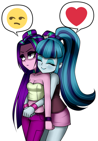 Size: 900x1300 | Tagged: safe, artist:nekojackun, derpibooru import, aria blaze, sonata dusk, equestria girls, rainbow rocks, annoyed, arisona, bare shoulders, clothes, emoji, eyes closed, eyeshadow, female, heart, hug, hug from behind, jeans, lesbian, makeup, midriff, pants, shipping, simple background, skirt, sleeveless, strapless, white background, wristband