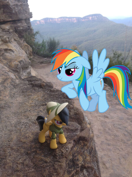 Size: 1280x1714 | Tagged: safe, artist:didgereethebrony, derpibooru import, daring do, rainbow dash, pony, australia, blue mountains, cliff, cutie mark, faic, fangirl, figurine, irl, katoomba, merchandise, mlp in australia, photo, ponies in real life, pose, smug, smugdash, toy, valley