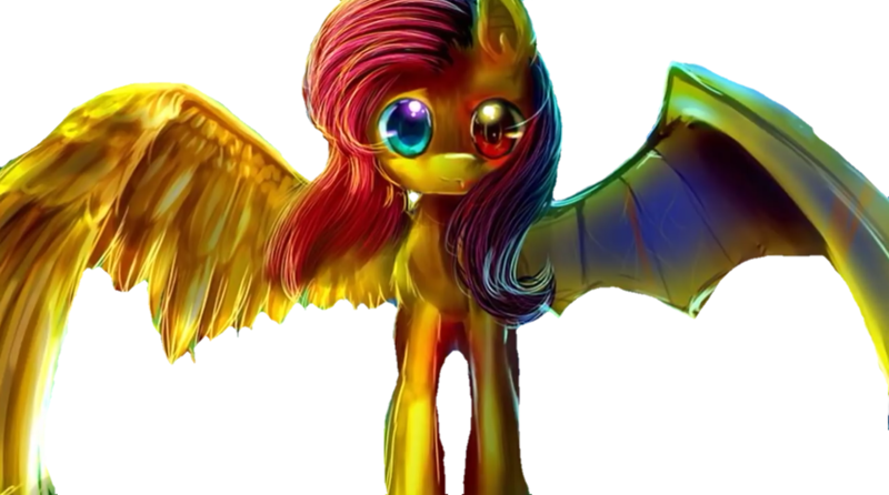 Size: 1280x713 | Tagged: safe, derpibooru import, fluttershy, bat pony, pegasus, pony, bat ponified, blue eye, duality, female, flutterbat, fusion, heterochromia, looking at you, mare, race swap, red eye, simple background, solo, spread wings, transparent background, wings