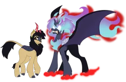 Size: 1280x841 | Tagged: safe, artist:faith-wolff, derpibooru import, demon, demon pony, kirin, nirik, original species, winged kirin, akira fudo, bat wings, blank eyes, cloven hooves, commission, crossover, devilman, devilman crybaby, glowing eyes, kirinified, male, mane of fire, simple background, species swap, spread wings, transparent background, wings