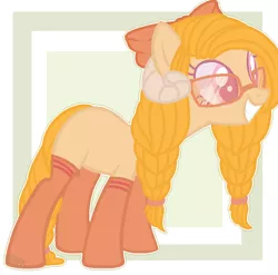Size: 718x710 | Tagged: safe, artist:harusocoma, derpibooru import, oc, unofficial characters only, earth pony, pony, bow, clothes, female, glasses, hair bow, horns, mare, socks, solo