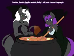 Size: 4000x3000 | Tagged: suggestive, artist:ensayne, artist:thewindking, color edit, derpibooru import, edit, oc, oc:salem cuisine, oc:spellbound, unofficial characters only, anthro, unicorn, absolute cleavage, big breasts, breasts, cauldron, cleavage, clothes, colored, dress, grammar error, hat, macbeth, stew, text, thighs, this will end in weight gain, witch hat