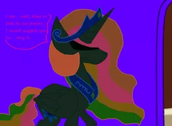 Size: 1138x838 | Tagged: safe, artist:eeveeglaceon, derpibooru import, princess celestia, alicorn, pony, tumblr:the sun has inverted, balcony, blue background, blue sun, canterlot castle, canterlot castle interior, color change, corrupted, darkened coat, female, green eye, implied invert princess luna, implied inverted princess luna, implied princess luna, inside, invert princess celestia, inverted, inverted colors, inverted princess celestia, multicolored hair, possession, purple background, rainbow hair, sidemouth, simple background, solo, tumblr, violet background, word balloon, word bubble