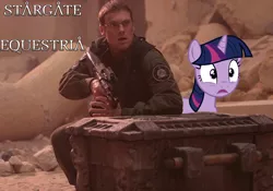 Size: 998x699 | Tagged: safe, derpibooru import, twilight sparkle, human, pony, unicorn, bosstone, crossover, crouching, daniel jackson, duo, female, glasses, gun, irl, irl human, male, mare, michael shanks, p90, photo, stargate, stargate equestria, stargate sg1, text, weapon, worried