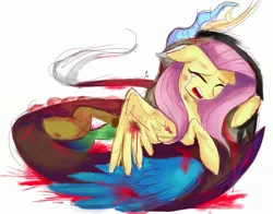 Size: 2740x2153 | Tagged: semi-grimdark, artist:pinweena30, derpibooru import, discord, fluttershy, draconequus, blood, crying, discoshy, eyes closed, female, fluttercry, hug, male, open mouth, sad, shipping, straight, upset