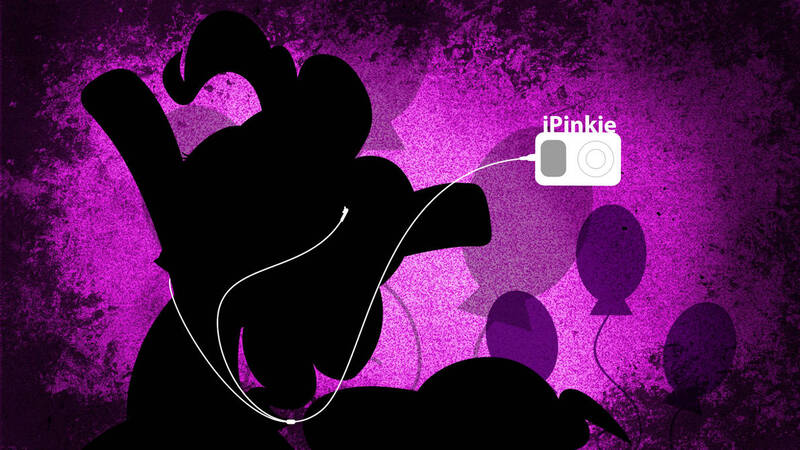 Size: 1192x670 | Tagged: safe, artist:lazypixel, derpibooru import, pinkie pie, earth pony, pony, cutie mark, female, headphones, hooves up, ipod, mare, mp3 player, purple background, silhouette, simple background, solo, wallpaper