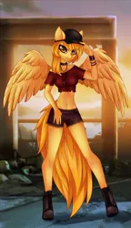 Size: 624x1080 | Tagged: anthro, artist:pink-pinktooth, cap, clothes, collar, derpibooru import, female, hat, looking at you, oc, oc:firetale, pegasus, rosary, safe, shorts, smiling, solo, unguligrade anthro