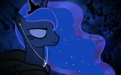 Size: 1131x707 | Tagged: safe, artist:lazypixel, derpibooru import, princess luna, alicorn, pony, friendship is witchcraft, blue background, clothes, crown, dark, earbuds, eyes closed, female, headphones, hoodie, ipod, jewelry, lunar slander, mare, regalia, simple background, smiling, solo, wallpaper