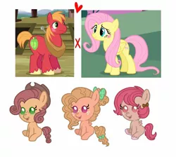 Size: 1427x1278 | Tagged: safe, artist:kittystar614, derpibooru import, edit, edited screencap, screencap, big macintosh, fluttershy, oc, earth pony, pegasus, pony, baby, baby pony, blank flank, blushing, bow, cowboy hat, female, filly, fluffy hair, fluttermac, foal, freckles, hair bow, hat, heart, male, offspring, parent:big macintosh, parent:fluttershy, parents:fluttermac, screencap reference, shipping, straight, tail bow, unshorn fetlocks