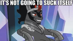 Size: 1024x576 | Tagged: suggestive, derpibooru import, edit, edited screencap, editor:anonycat, screencap, king sombra, pony, unicorn, the beginning of the end, caption, image macro, implied blowjob, implied oral, implied sex, it ain't gonna suck itself, leering, lounging, male, meme, smiling, smirk, solo, solo male, stallion, stupid sexy sombra, text, vulgar