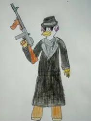 Size: 2448x3264 | Tagged: anthro, clothes, cosplay, costume, derpibooru import, fallout, fallout 4, fedora, gun, hat, hippogriff, oc, oc:silver quill, safe, scarf, silver shroud, solo, talons, thompson m1928, tommy gun, traditional art, trenchcoat, weapon