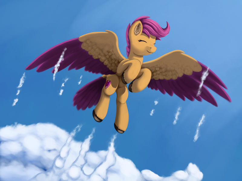 Size: 2048x1536 | Tagged: safe, artist:redquoz, derpibooru import, scootaloo, bird, bird pone, pegasus, pony, bird tail, cloud, colored hooves, colored wings, cutie mark, eyes closed, female, filly, hooves, large wings, paintstorm studio, scootaloo can fly, sky, sky background, smiling, solo, spread wings, tail feathers, trail, two toned wings, wings