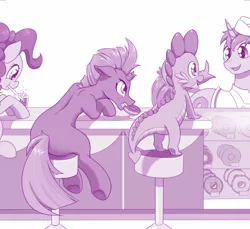 Size: 1400x1284 | Tagged: safe, artist:dstears, derpibooru import, donut joe, fizzlepop berrytwist, pinkie pie, spike, tempest shadow, dragon, earth pony, pony, unicorn, blowing bubbles, broken horn, chair, donut, drink, female, food, horn, human shoulders, male, mare, missing cutie mark, monochrome, open mouth, simple background, sitting, smiling, stallion, stealing, white background