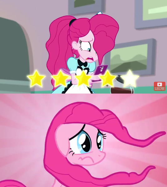 Size: 1244x1393 | Tagged: safe, artist:noguitom, derpibooru import, edit, screencap, pinkie pie, pony, equestria girls, equestria girls series, five stars, party of one, spoiler:eqg series (season 2), comparison, female, hair, sad, server pinkie pie, waitress