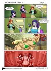 Size: 1697x2367 | Tagged: safe, artist:atariboy2600, artist:bluecarnationstudios, derpibooru import, applejack, rarity, sci-twi, sunset shimmer, twilight sparkle, comic:the amazonian effect, comic:the amazonian effect iii, equestria girls, abs, and then there's rarity, applejacked, biceps, breasts, buff breasts, busty applejack, busty rarity, busty sunset shimmer, canterlot high, deltoids, image, mobile phone, muscles, overdeveloped muscles, phone, png, this will end in pain, twolight