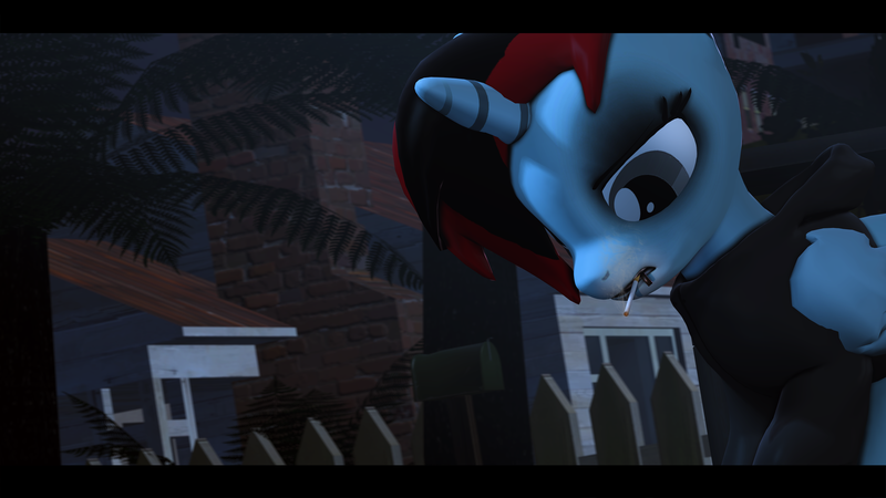 Size: 3840x2160 | Tagged: safe, artist:jollyoldcinema, derpibooru import, oc, oc:blacklightsorane, pony, 3d, cigarette, city, emo, night, sad, solo, source filmmaker