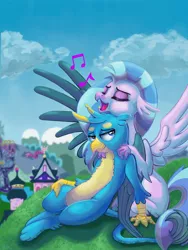 Size: 1668x2224 | Tagged: safe, artist:catscratchpaper, derpibooru import, gallus, silverstream, classical hippogriff, gryphon, hippogriff, cute, diastreamies, eyes closed, female, gallabetes, gallstream, hug, leaning, leaning back, lidded eyes, male, music notes, paws, sad description, shipping, singing, sitting, straight, swag